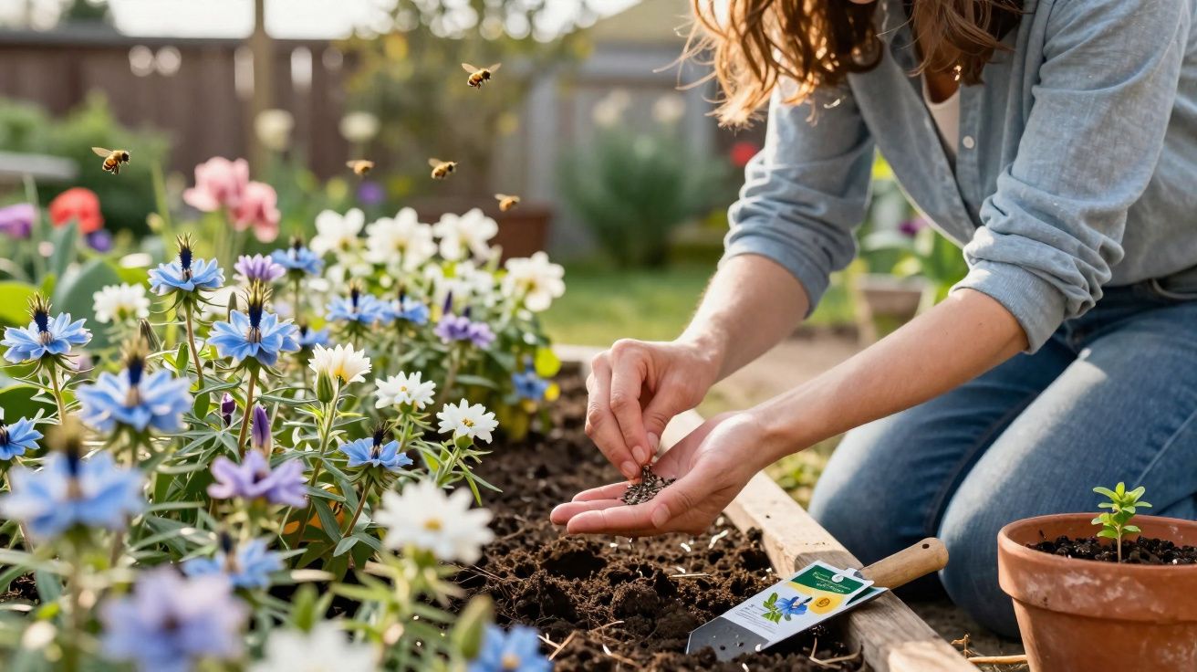 Pessoa a plantar sementes num canteiro com flores coloridas e abelhas em voo ao ar livre.