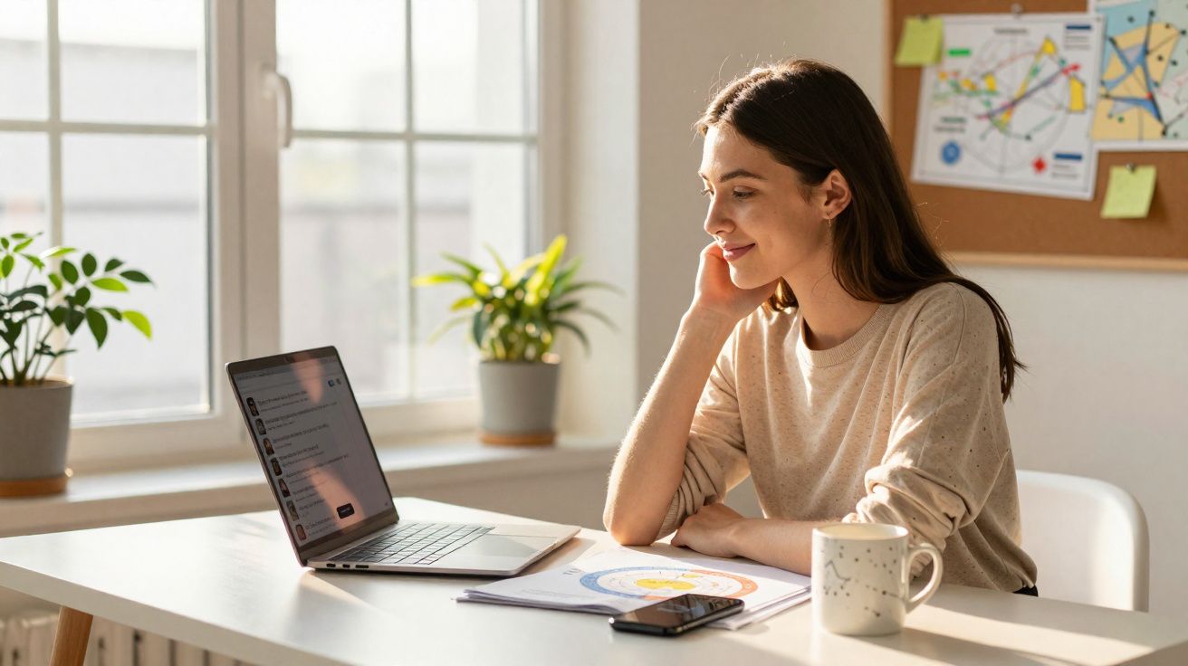 Mulher a sorrir enquanto trabalha num portátil numa mesa com documentos, telemóvel e caneca.