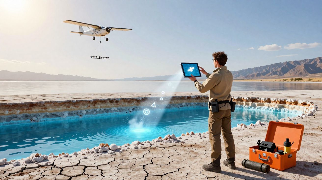 Homem controla avião não tripulado com tablet junto a lagoa em terreno árido e montanhas ao fundo.