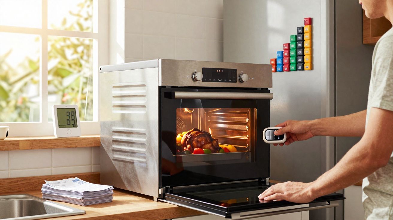 Pessoa a usar temporizador para assar frango no forno numa cozinha iluminada por janela.