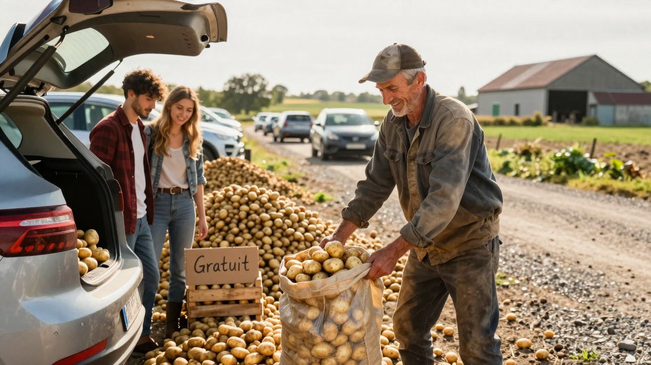 Homem idoso a oferecer batatas gratuitas a jovem casal junto a estrada rural com carros estacionados.