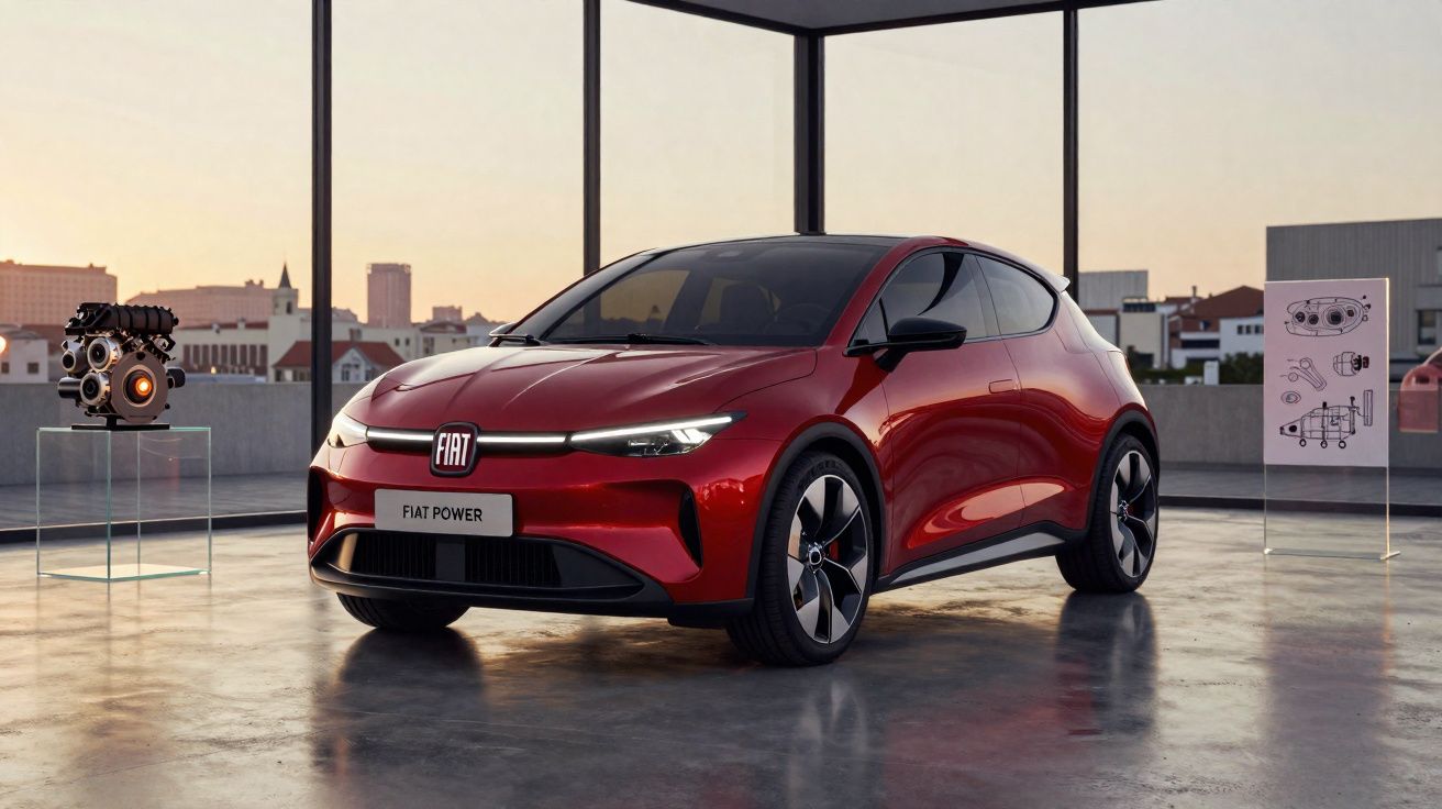 Carro elétrico vermelho Fiat Power estacionado em espaço moderno com vista urbana ao entardecer.