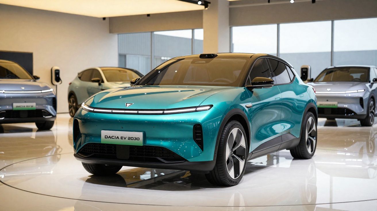 Carro elétrico Dacia EV 2030 azul exibido num salão de automóveis moderno e iluminado.