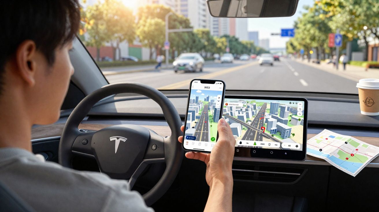 Motorista num Tesla a usar aplicações de navegação no telemóvel e no ecrã do carro numa avenida urbana.