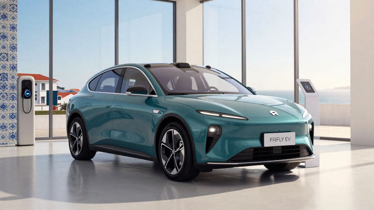 Automóvel elétrico azul estacionado em garagem moderna com carregadores e vista para o mar.