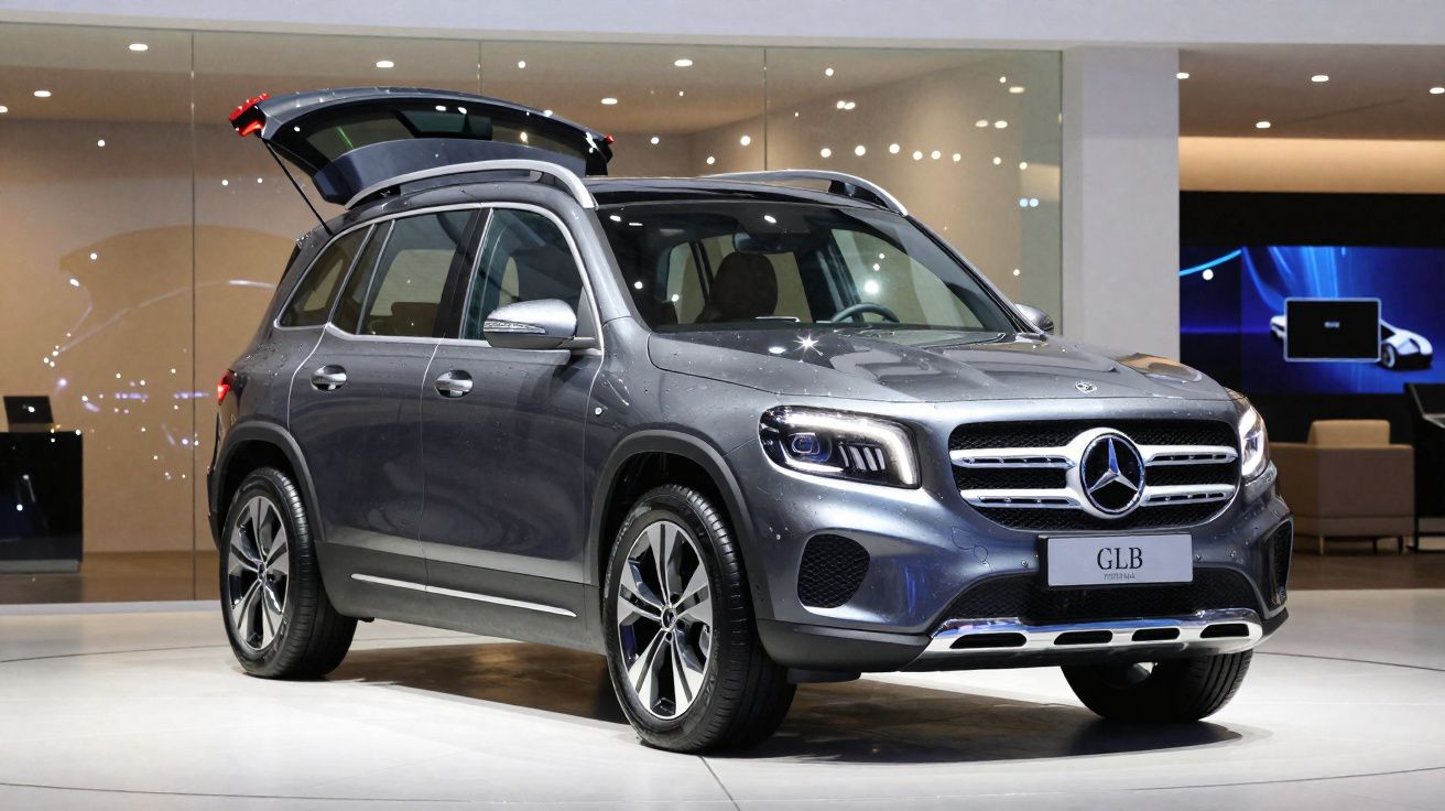 Mercedes-Benz GLB cinza estacionada em interior com porta da bagageira traseira aberta.