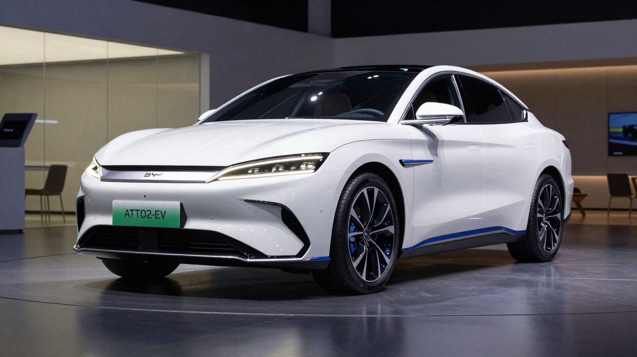 Carro elétrico BYD modelo ATTO 2 branco exibido em ambiente interior moderno.