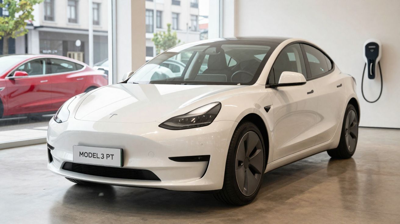 Carro elétrico Tesla Model 3 branco em showroom com carregador montado na parede.