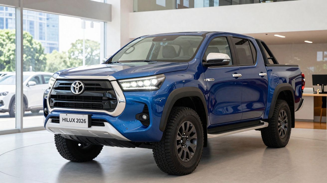 Pick-up Toyota Hilux azul 2026 mostrada em showroom moderno com janelas amplas.