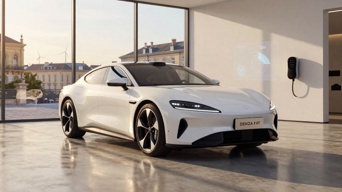 Carro elétrico branco Denza 2 GT estacionado numa garagem moderna com carregador na parede e vistas urbanas ao fundo.