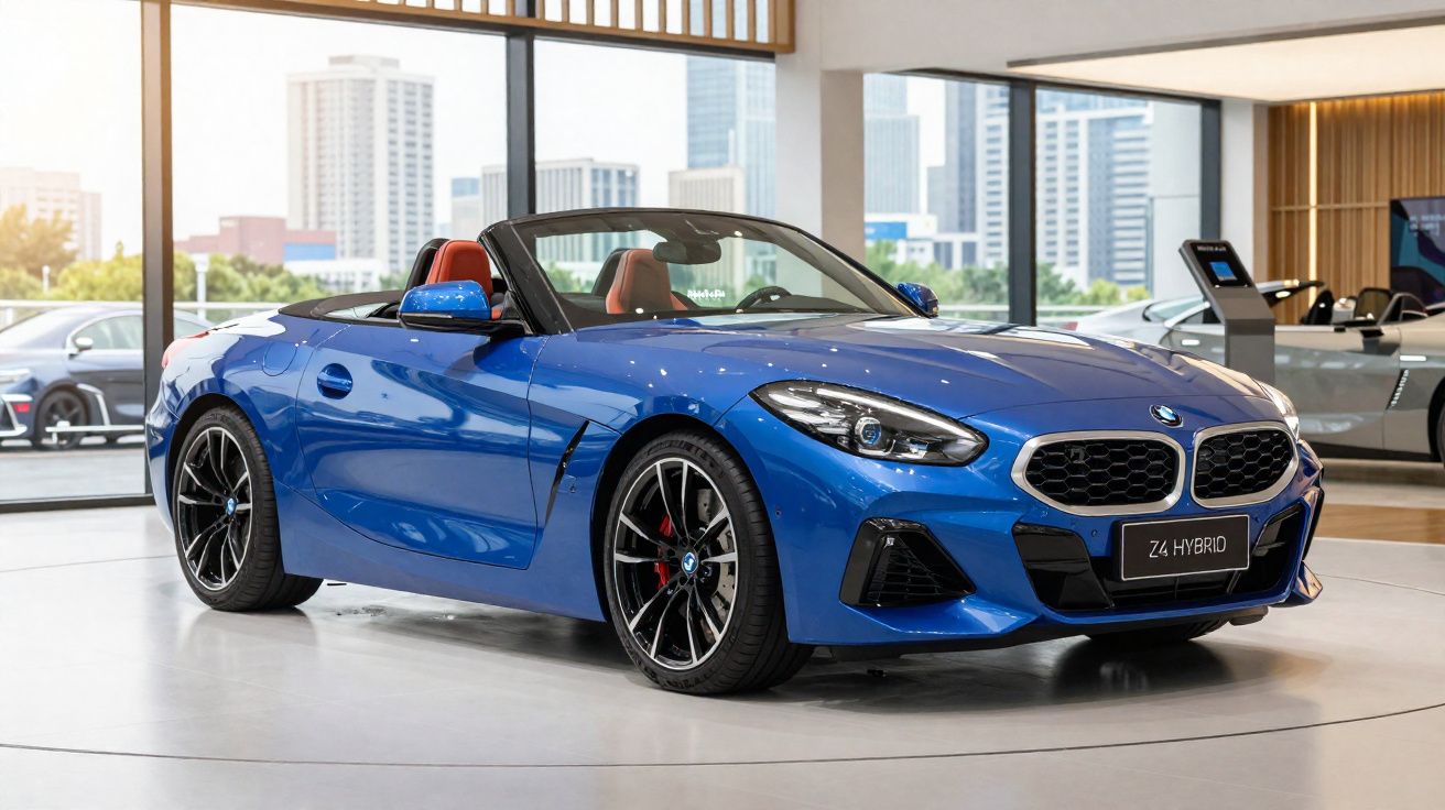 Carro desportivo descapotável azul BMW Z4 Hybrid, com interiores vermelhos, em exposição numa loja moderna.