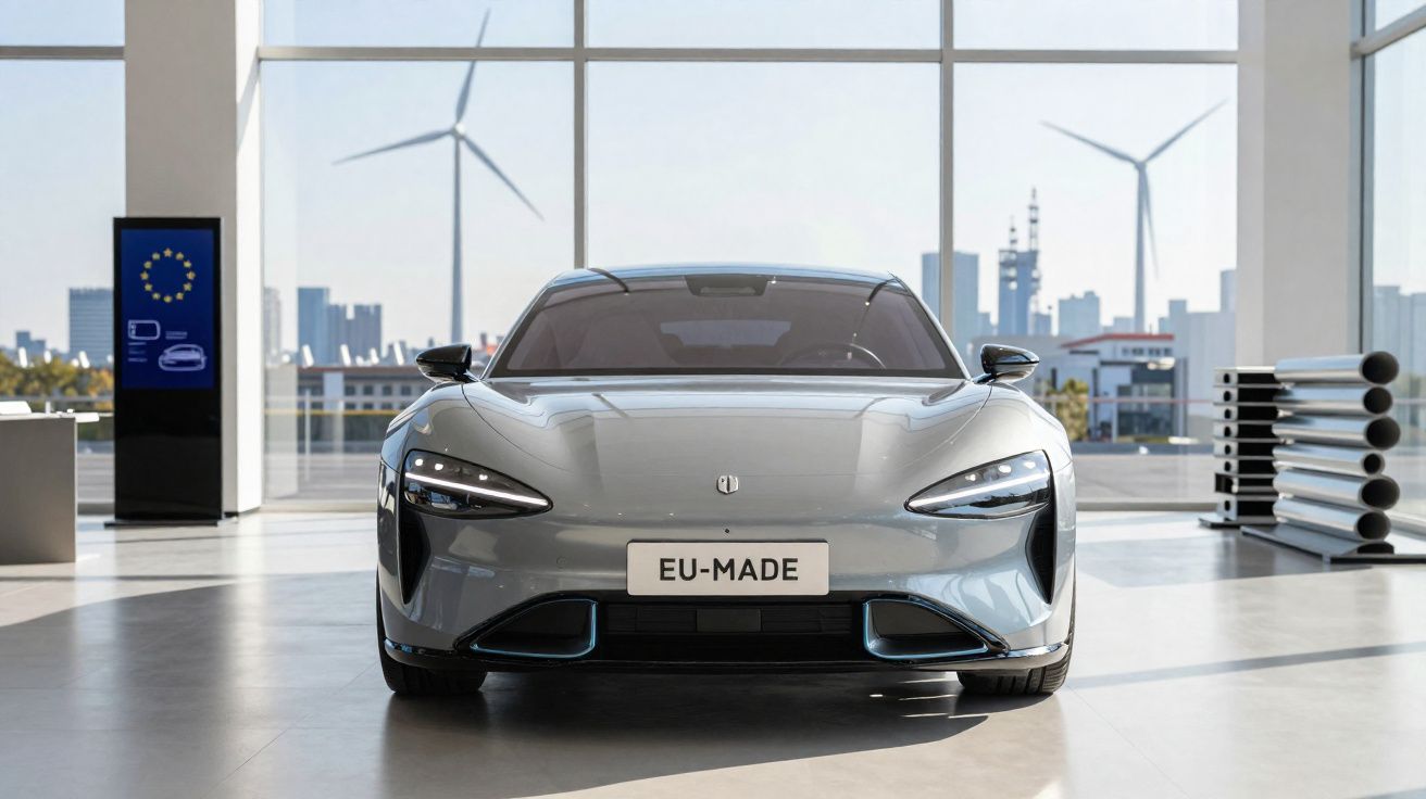 Carro elétrico moderno cinza estacionado em salão com turbinas eólicas visíveis através das janelas.