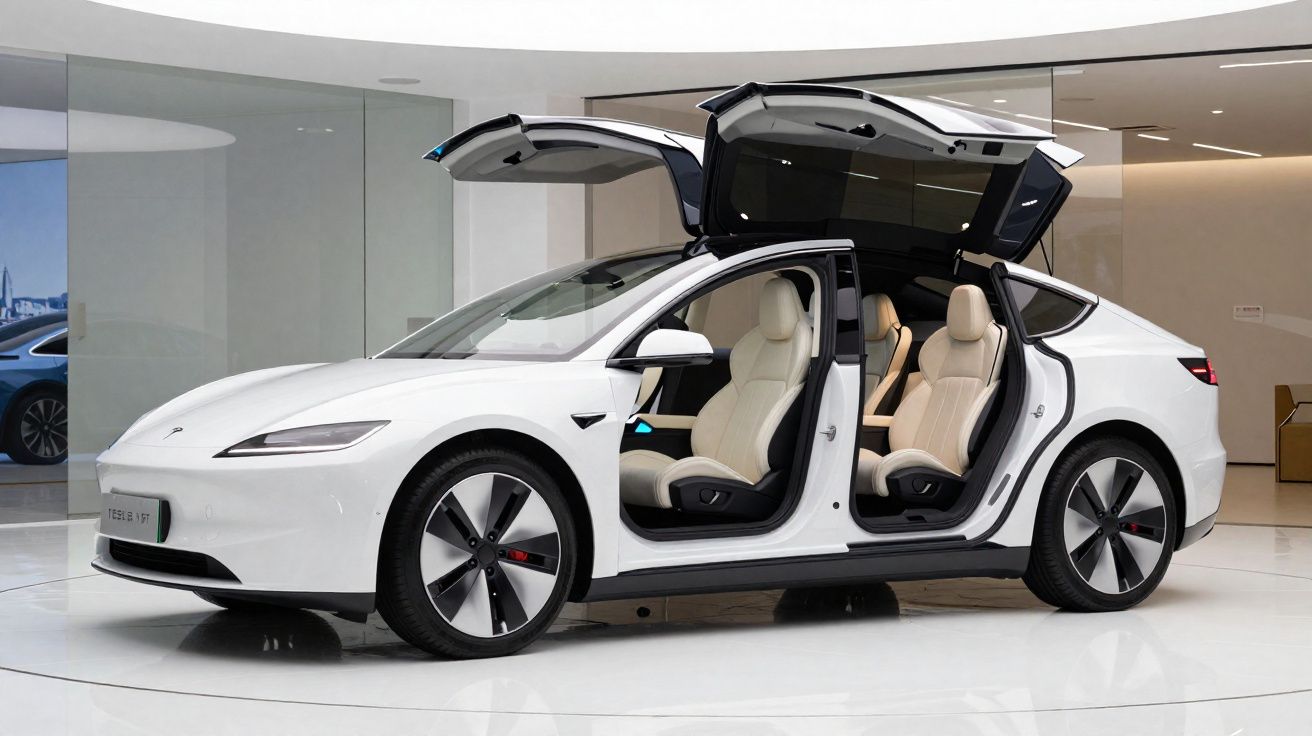 Carro elétrico Tesla Model X branco com portas em "asa de falcão" abertas num showroom moderno.