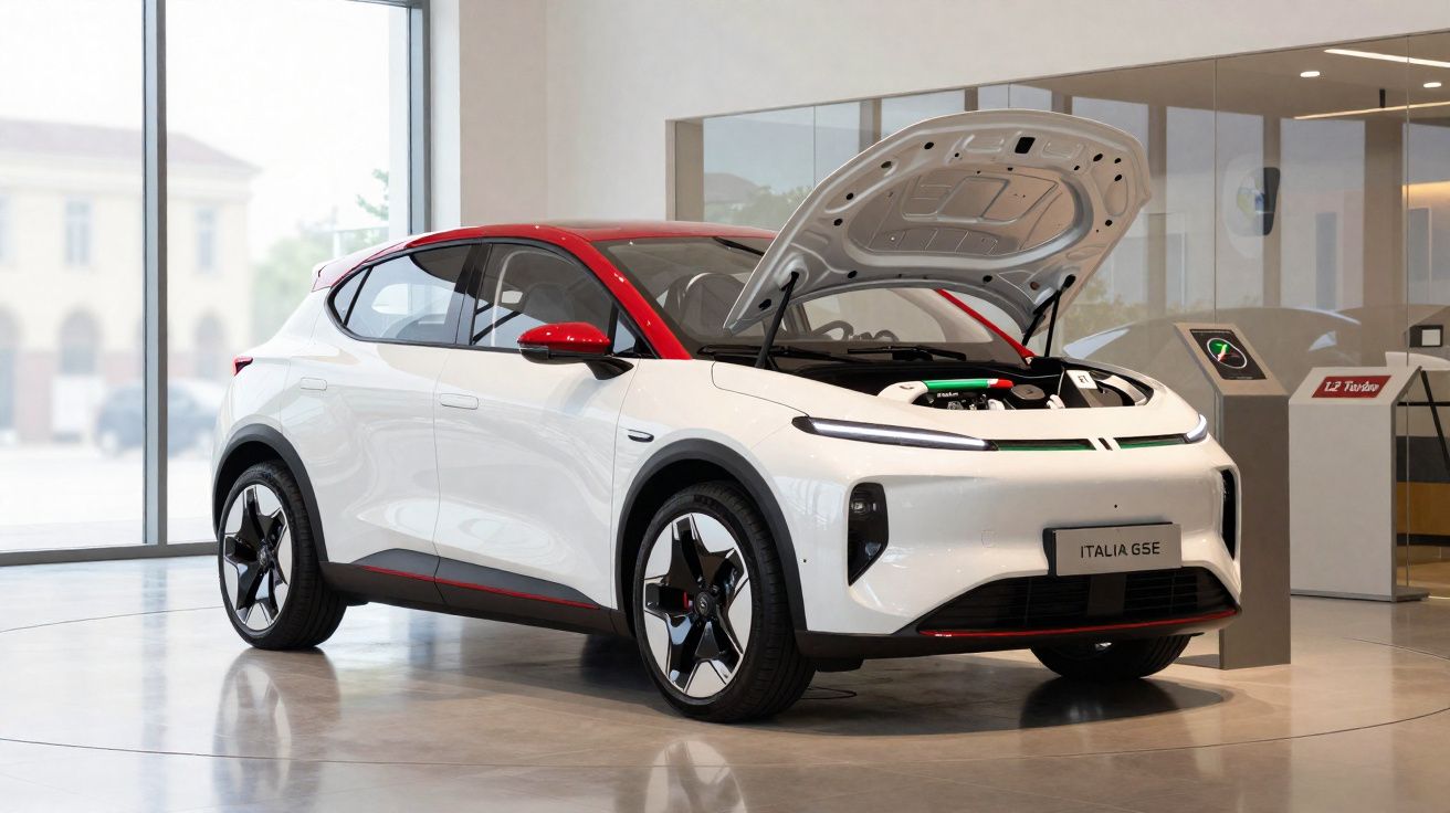 Automóvel elétrico branco com tejadilho vermelho e capô aberto numa exposição interior.