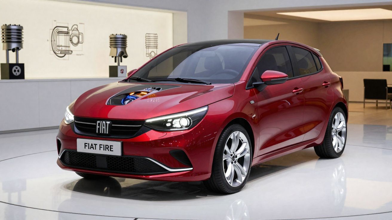 Automóvel Fiat Fire vermelho brilhante exposto em salão moderno com iluminação direta e detalhes técnicos ao fundo.