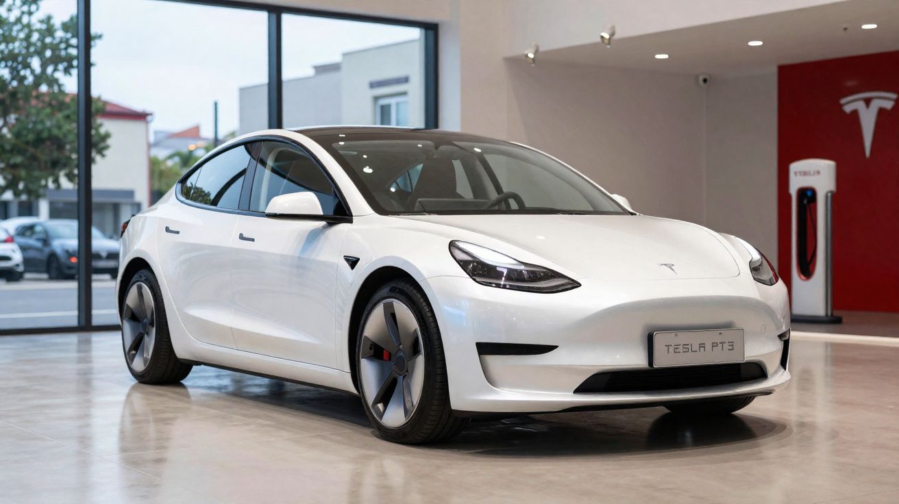 Carro elétrico Tesla Model 3 branco estacionado dentro de uma loja com parede vermelha e posto de carregamento ao fundo.