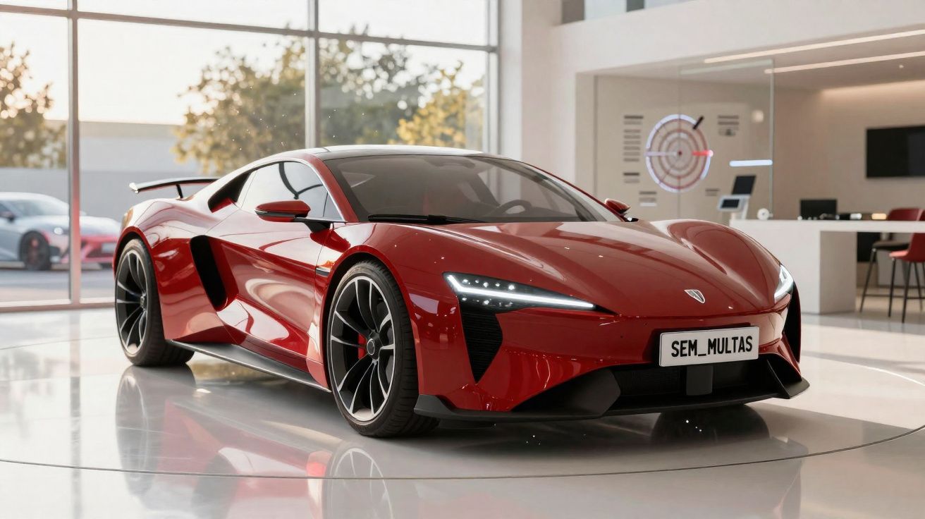 Carro desportivo elétrico vermelho brilhante numa garagem moderna com jantes pretas e luzes LED.