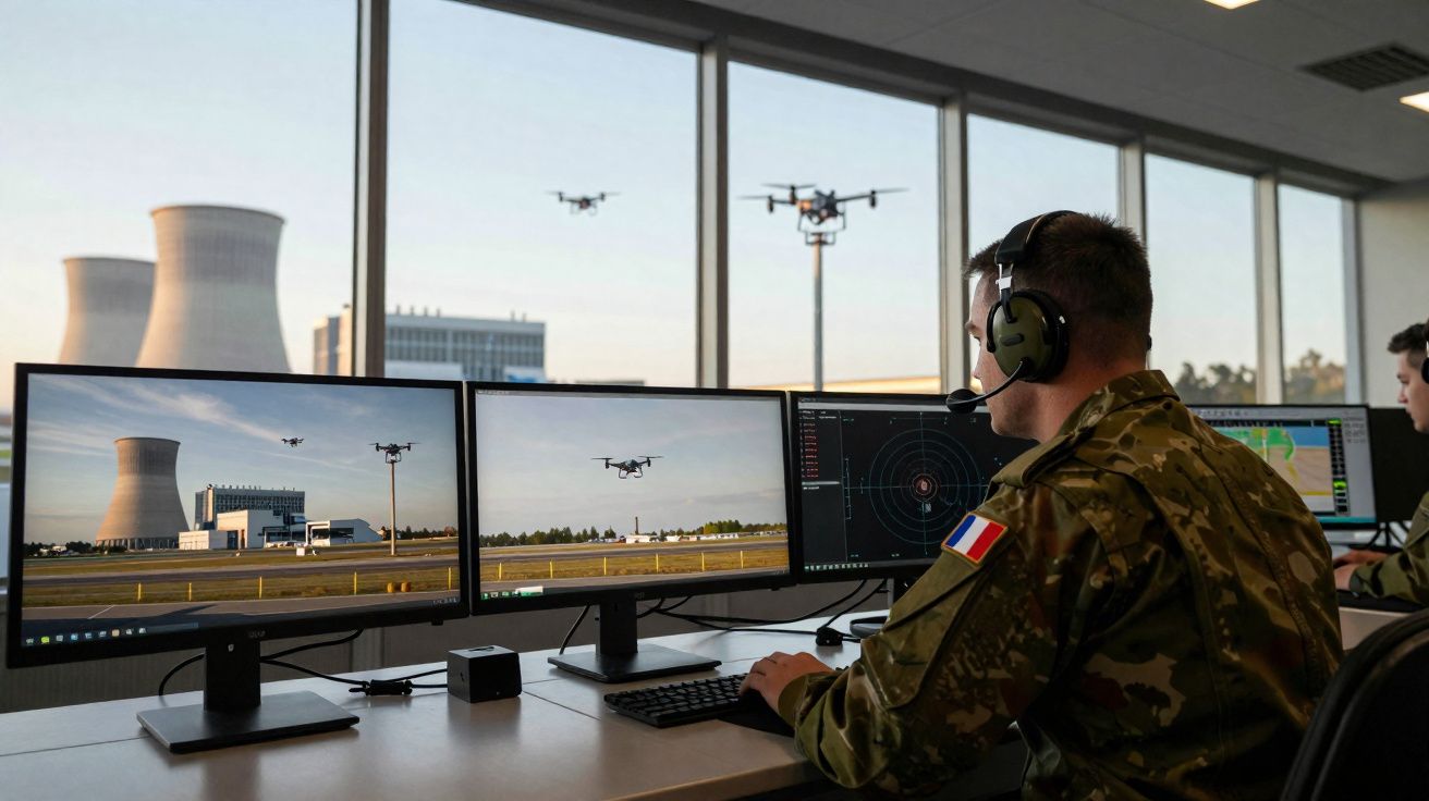 Soldado com fones a controlar drones em sala com monitores e vista para torre de resfriamento industrial.