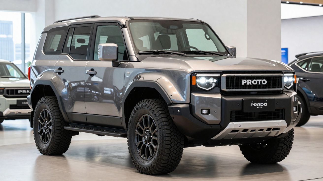 SUV cinzento metálico com pneus off-road exposto em salão automóvel interior.