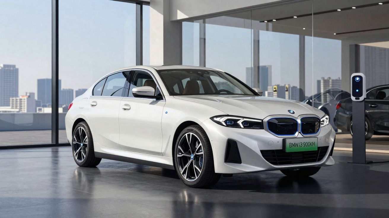 Carro elétrico branco BMW estacionado dentro de showroom moderno com vista para edifícios.
