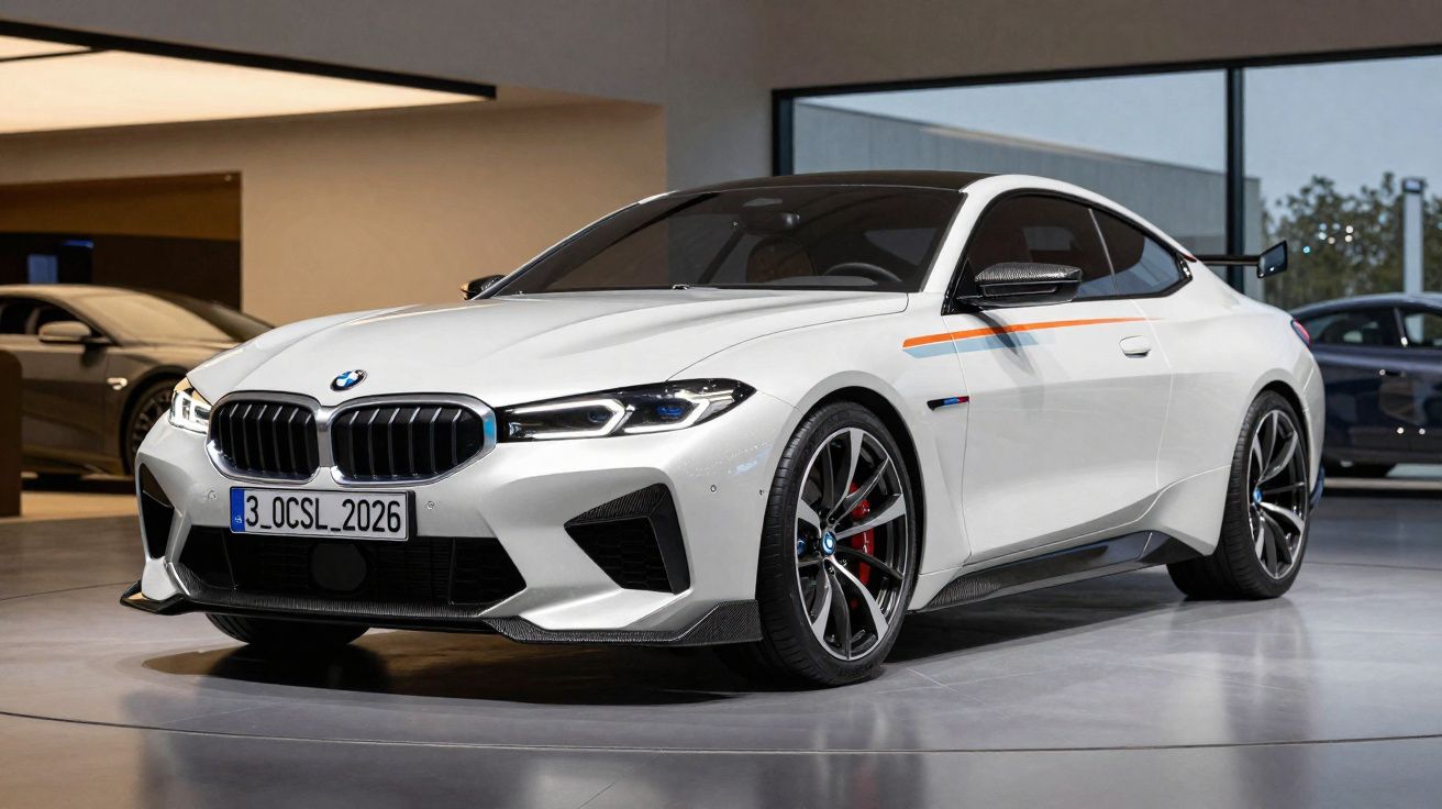 Carro desportivo branco BMW estacionado em exposição interior com jantes pretas e detalhes em vermelho.