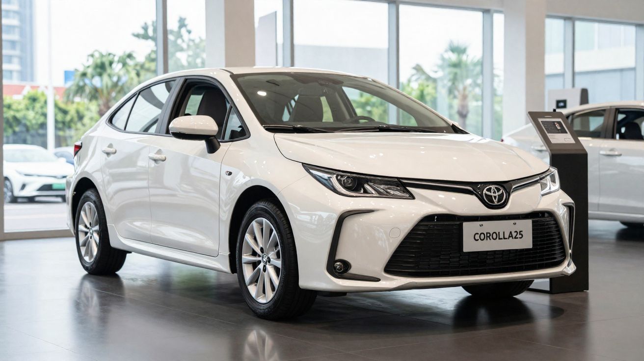 Carro Toyota Corolla 2025 branco, estacionado em showroom com janelas grandes ao fundo.