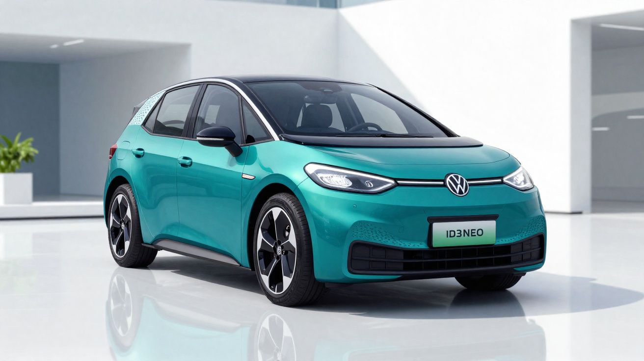 Automóvel elétrico Volkswagen ID.3 Neo azul esverdeado estacionado em ambiente moderno e minimalista.