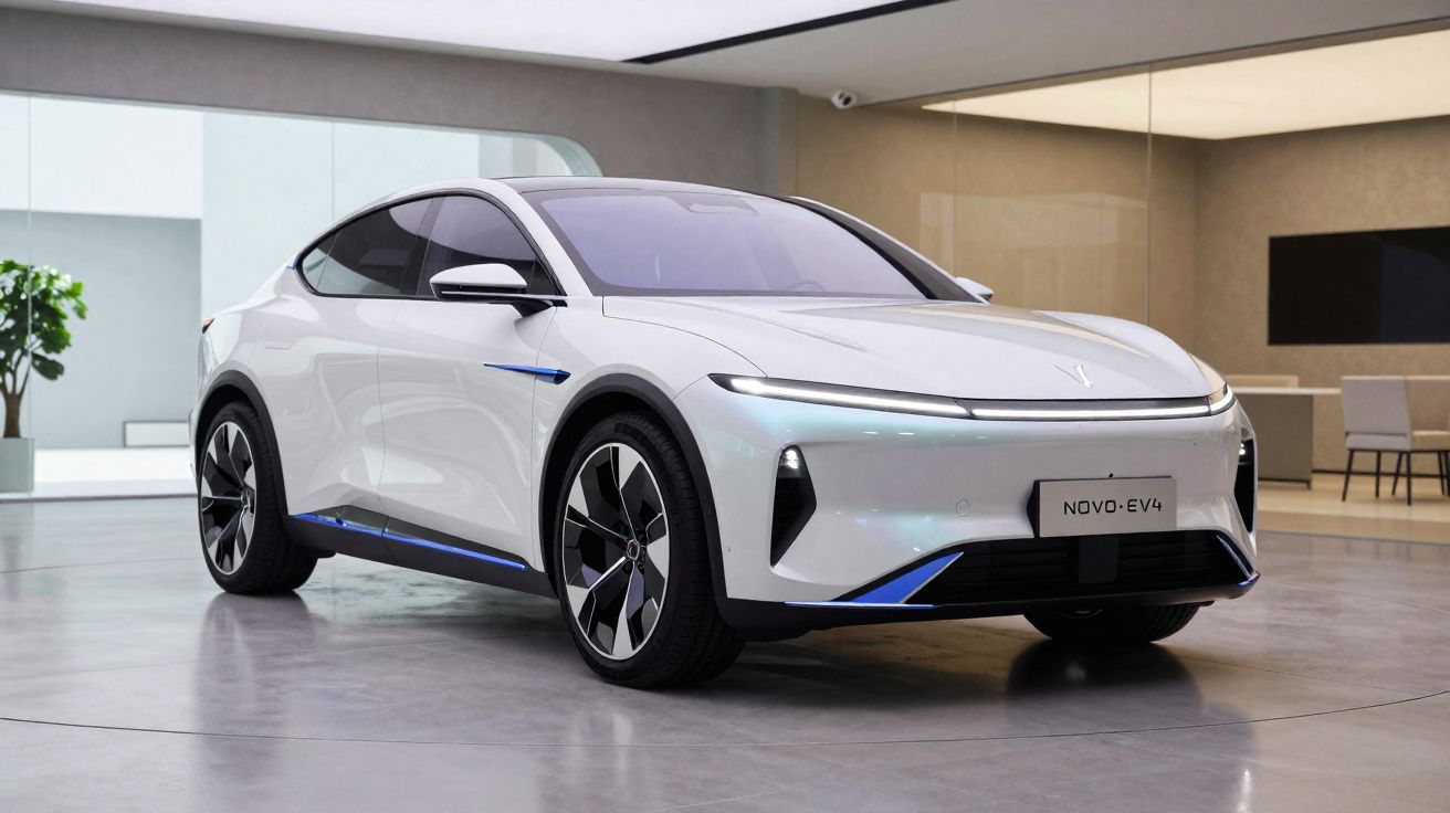 Carro elétrico branco NOVO-EV4 estacionado em ambiente interior moderno e luminoso.
