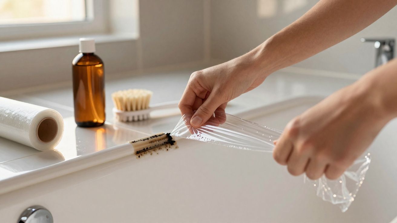 Mãos a remover filme plástico com sujidade acumulada numa superfície branca perto de frasco, escova e rolo.