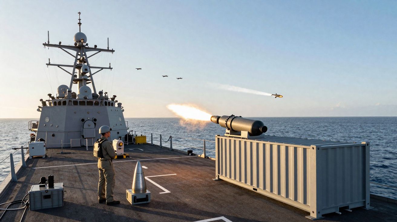 Navio militar a disparar míssil no mar aberto com tripulante a observar no convés.