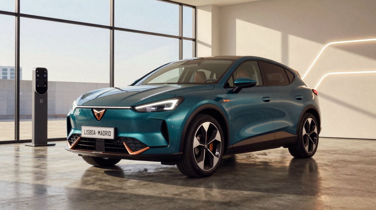 Carro elétrico azul num showroom com carregador ao lado e design moderno, matrícula Lisboa-Madrid.