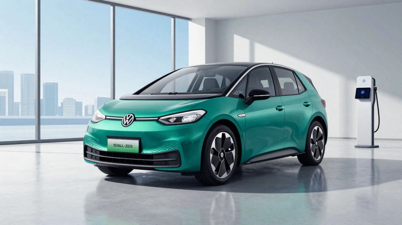 Carro elétrico Volkswagen ID.3 verde em espaço interior moderno, com estação de carregamento ao fundo.