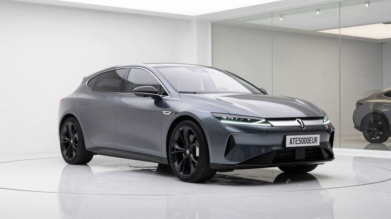 Carro elétrico cinza prateado em showroom branco com rodas pretas e faróis LED ligados.