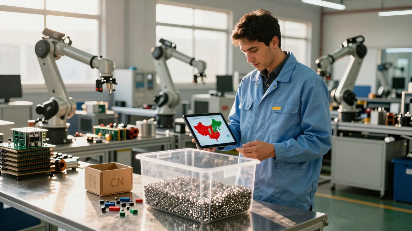 Homem com bata azul numa fábrica a analisar dados num tablet perto de caixa com bolas metálicas.