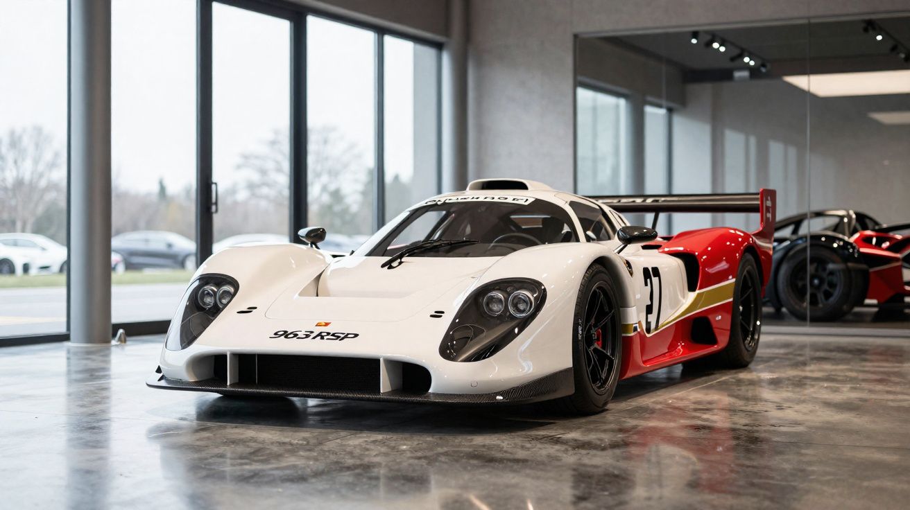 Carro de corrida branco e vermelho Porsche 963 RSP num espaço interior moderno com chão polido.