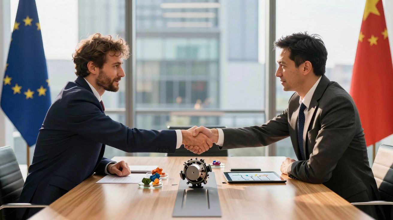 Dois homens de negócios apertam as mãos num escritório moderno com bandeiras da União Europeia e China ao fundo.