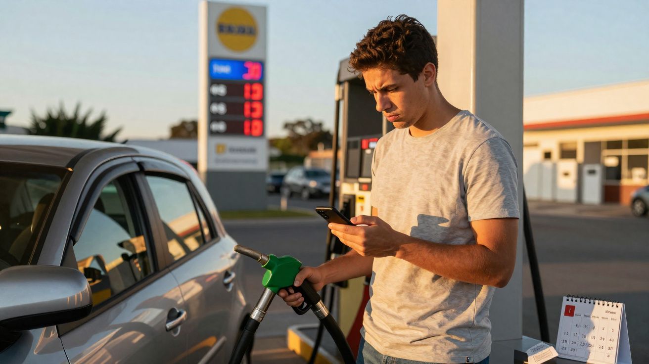 Homem a abastecer carro numa bomba de gasolina enquanto consulta o telemóvel ao entardecer.