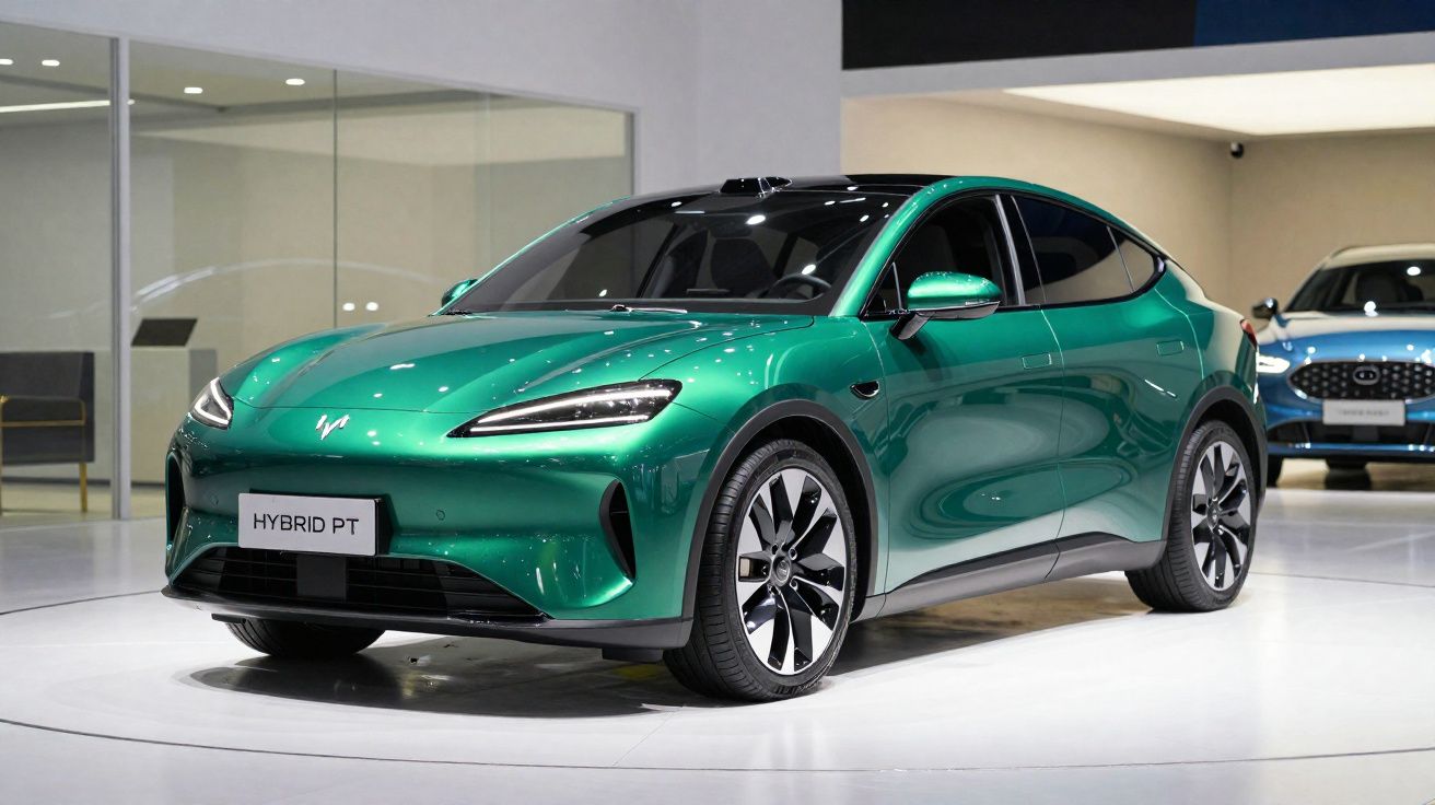 Carro elétrico verde metálico em exposição num salão automóvel moderno.