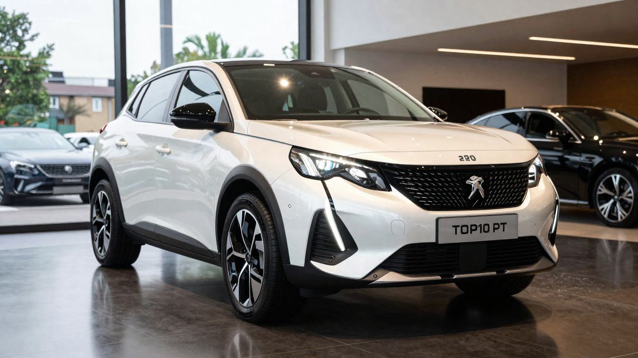 Peugeot 2008 branco estacionado em showroom com janelas grandes e piso brilhante.
