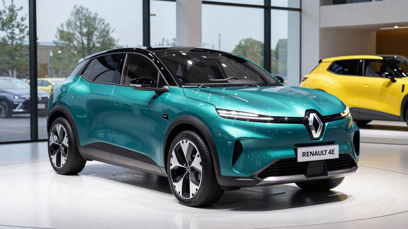 Carro elétrico Renault 4E verde num showroom moderno com jantes de liga leve e linhas aerodinâmicas.