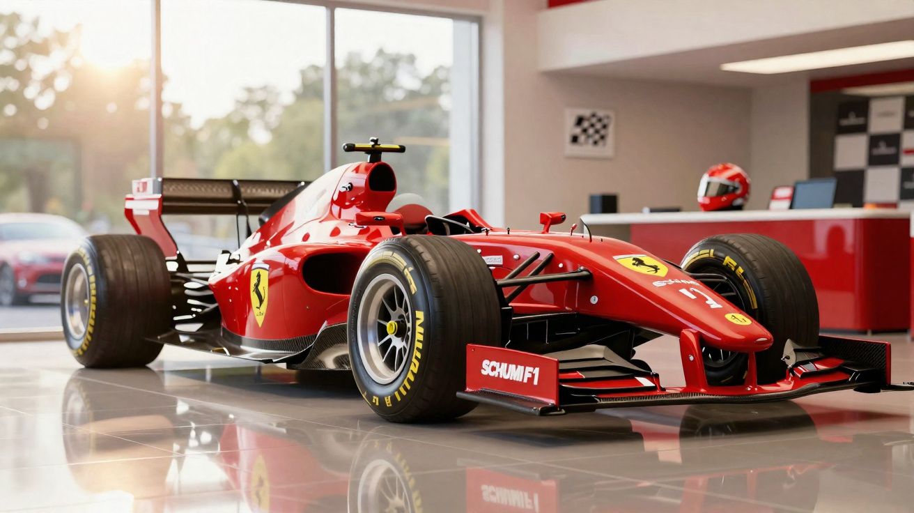Carro de Fórmula 1 vermelho da Ferrari em mostra com marcações visíveis e pneus Pirelli.