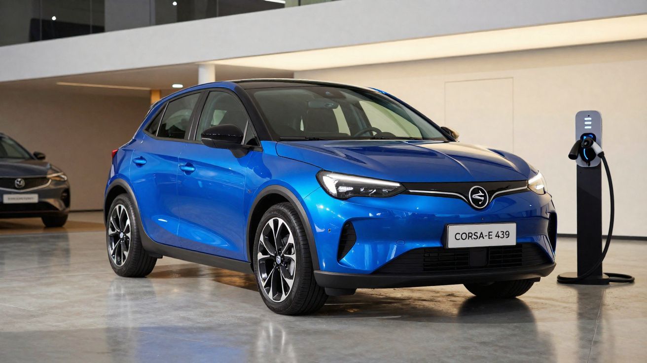 Carro elétrico azul Opel Corsa-e 439 estacionado junto a posto de carregamento numa sala moderna.