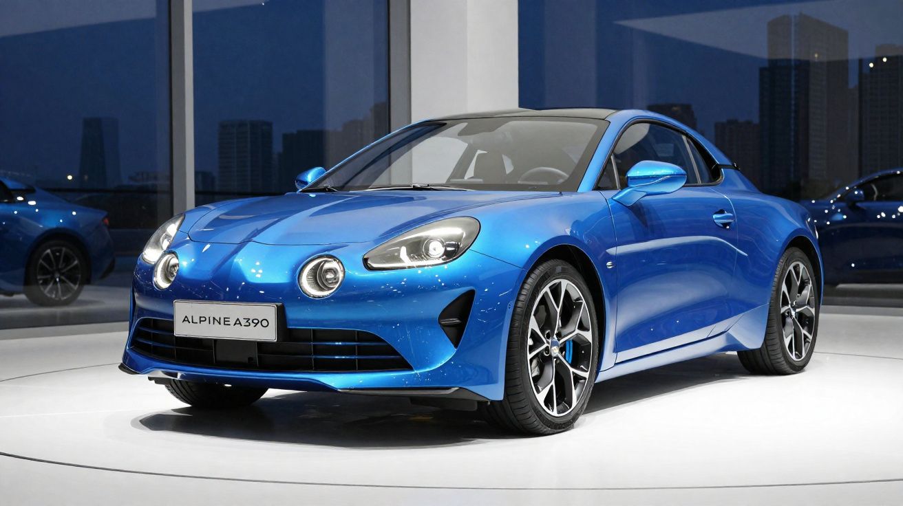 Carro desportivo azul Alpine A390 estacionado em sala de exposição com grandes janelas.