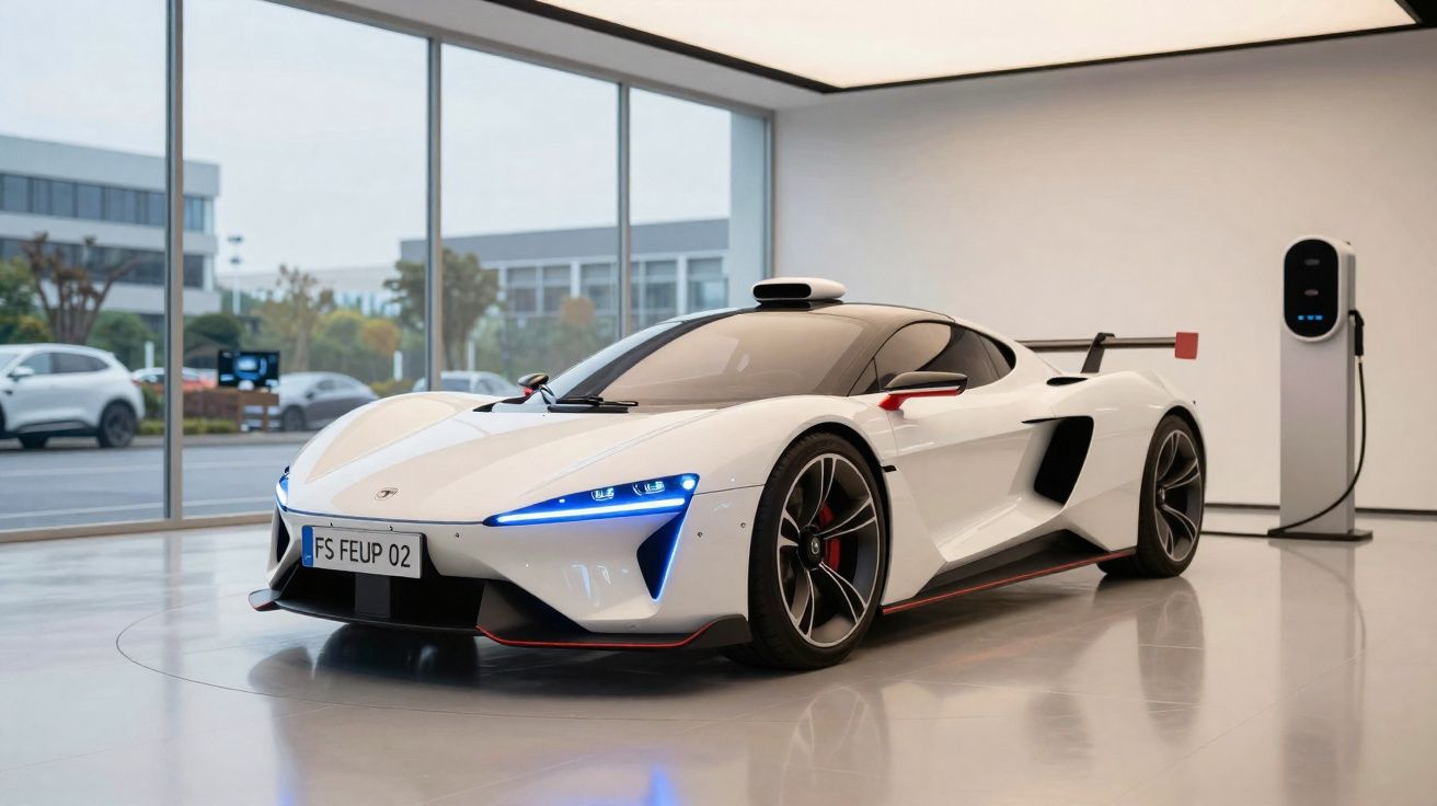 Carro desportivo branco com luzes LED azuis e carregador elétrico numa sala moderna com janelas amplas.