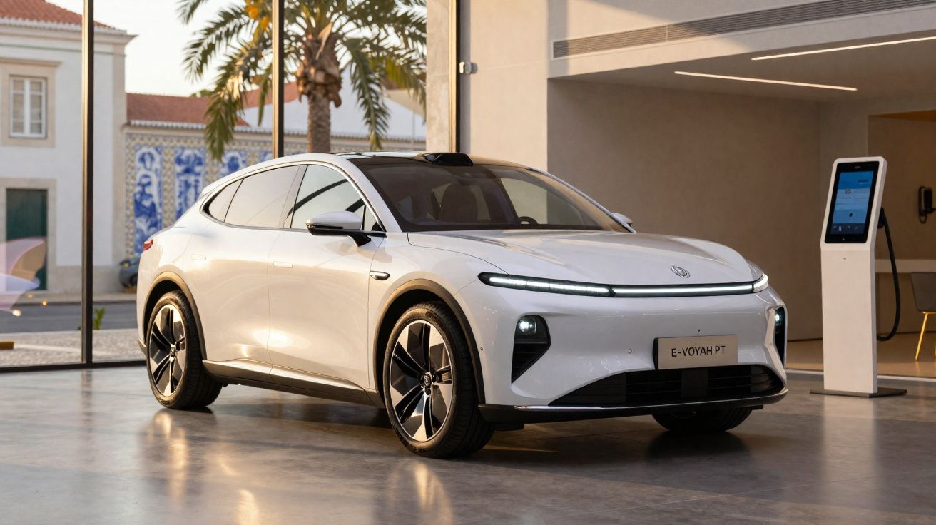 Carro elétrico branco E-Voyah PT estacionado em interior moderno com grandes janelas e iluminação suave.