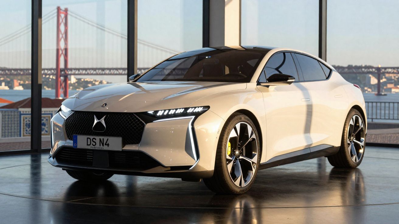 Carro elétrico DS N4 branco estacionado em espaço fechado com vista para ponte sobre rio.