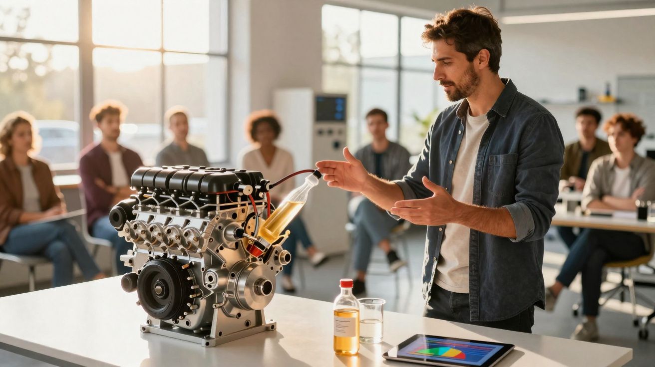 Homem a apresentar um motor e combustível a um grupo de pessoas numa sala iluminada por janelas grandes.
