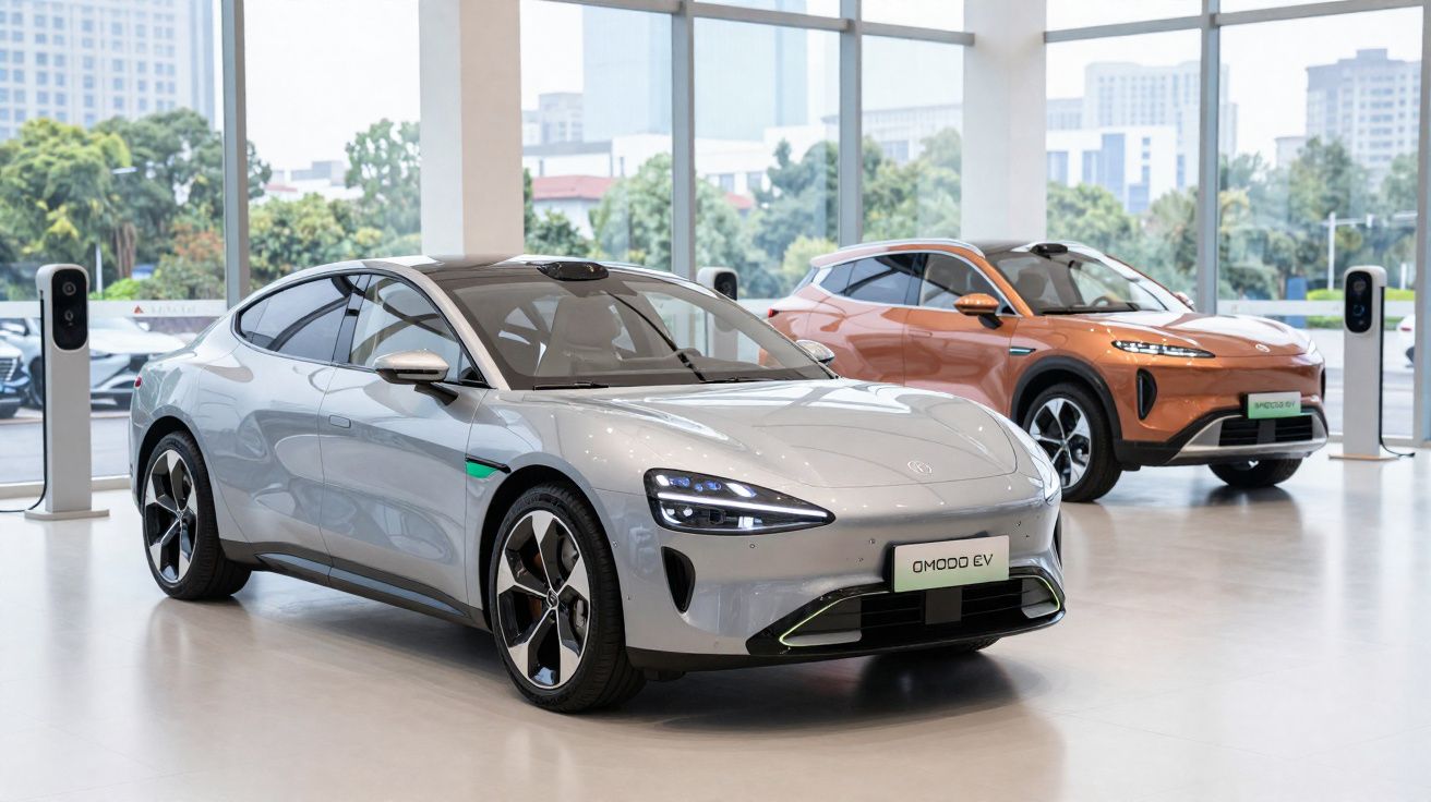 Dois carros elétricos modernos, prata e laranja, exibidos numa sala de exposição com grandes janelas.