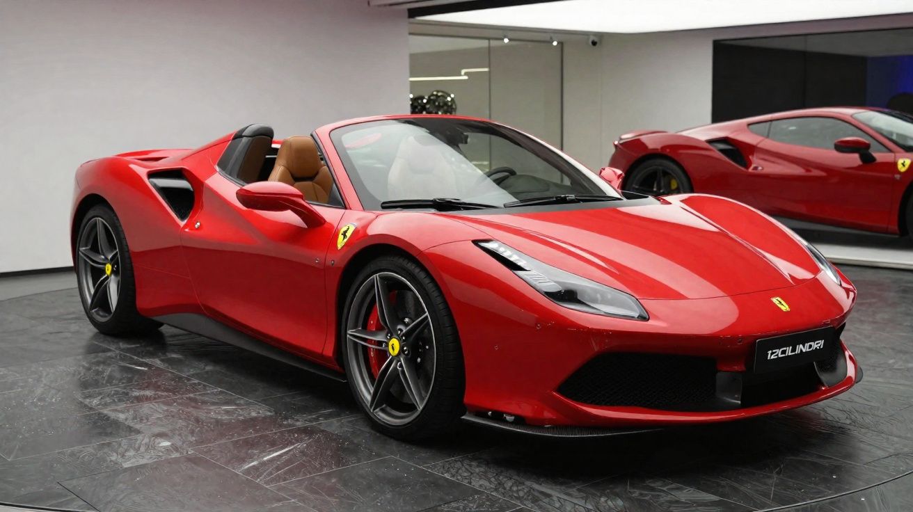 Carro desportivo vermelho Ferrari conversível estacionado em piso preto e parede branca com reflexos.