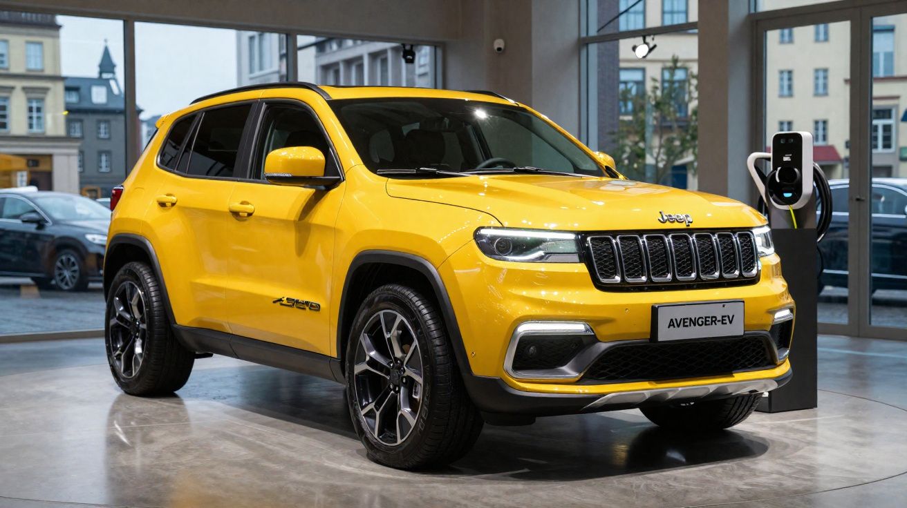 Jeep Avenger elétrico amarelo estacionado numa garagem moderna junto a posto de carregamento.